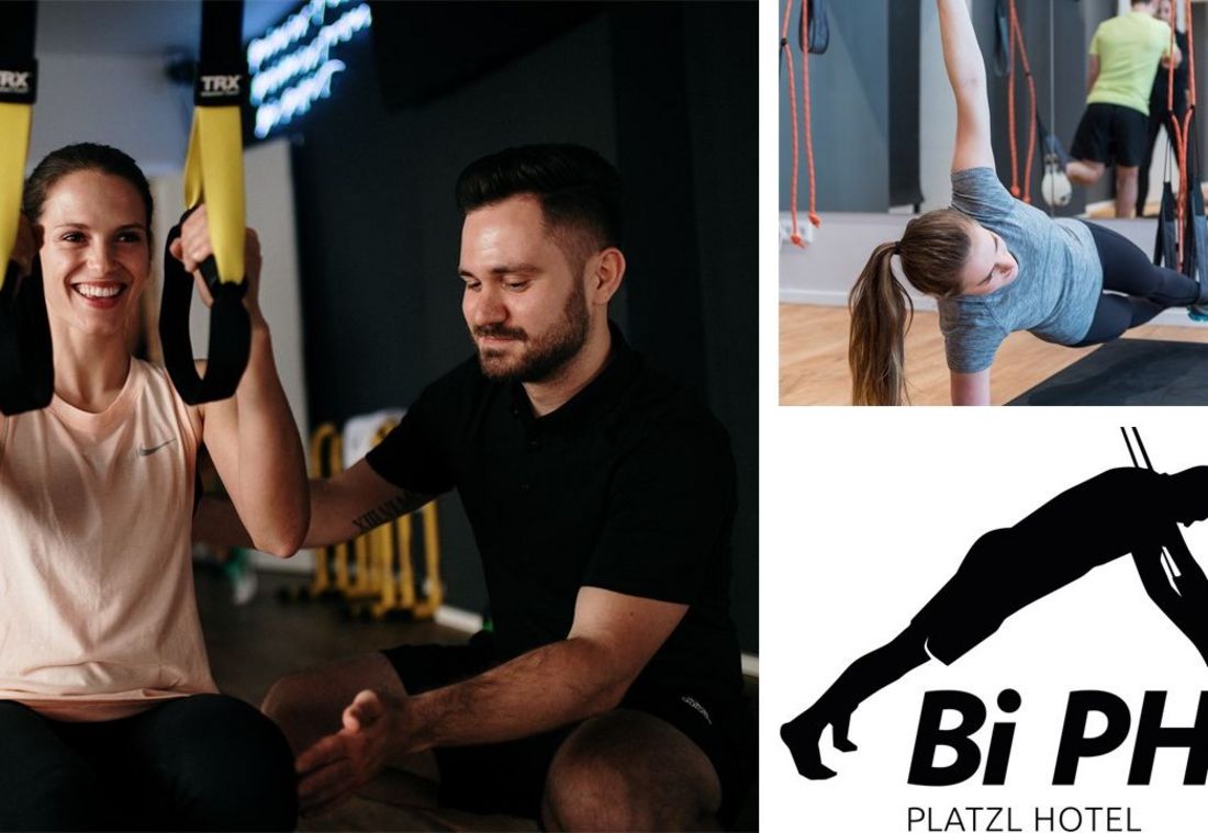 Bildcollage aus drei Aufnahmen, darunter ein Logo des Kooperationspartners Bi PHiT und zwei Bildaufnahmen im Fitnessstudio während eines Trainings.
