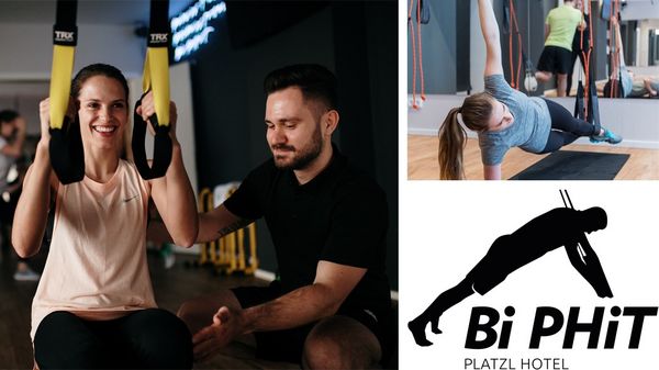 Bildcollage aus drei Aufnahmen, darunter ein Logo des Kooperationspartners Bi PHiT und zwei Bildaufnahmen im Fitnessstudio während eines Trainings.